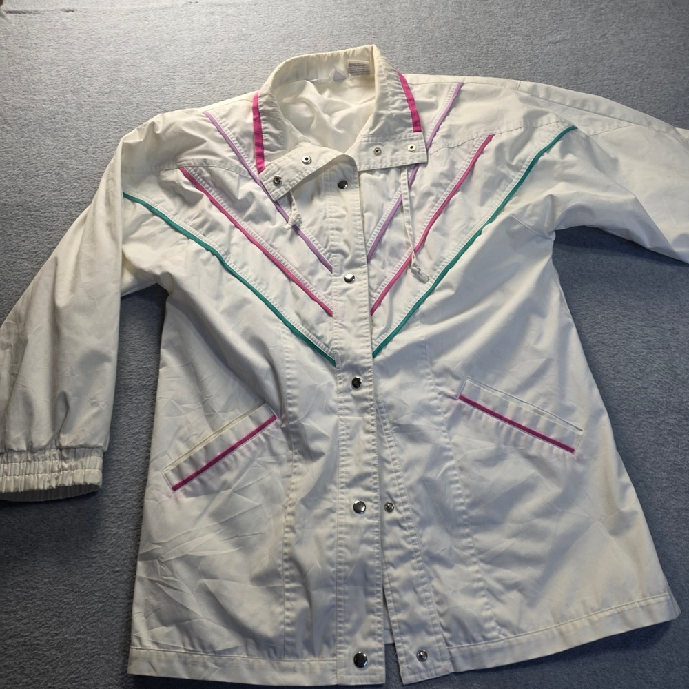 Windbreaker Jacket Womens XL White Retro Color Trim Snap Front Blair